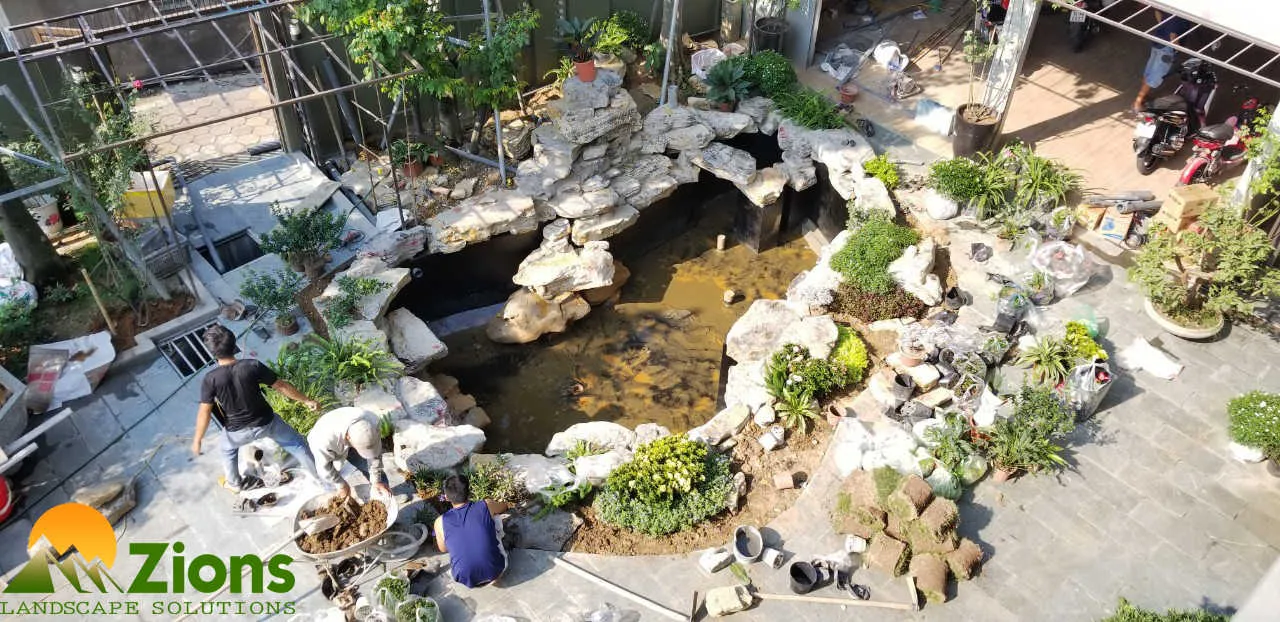 Mẫu hồ cá Koi ngoài trời kết hợp tiểu cảnh