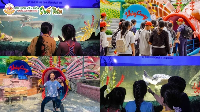 Lối vào Thủy cung Suối Tiên với kiến trúc rồng uốn lượn đặc trưng