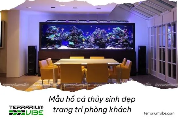 Hồ thủy sinh không viền được bố trí tinh tế trong phòng khách hiện đại
