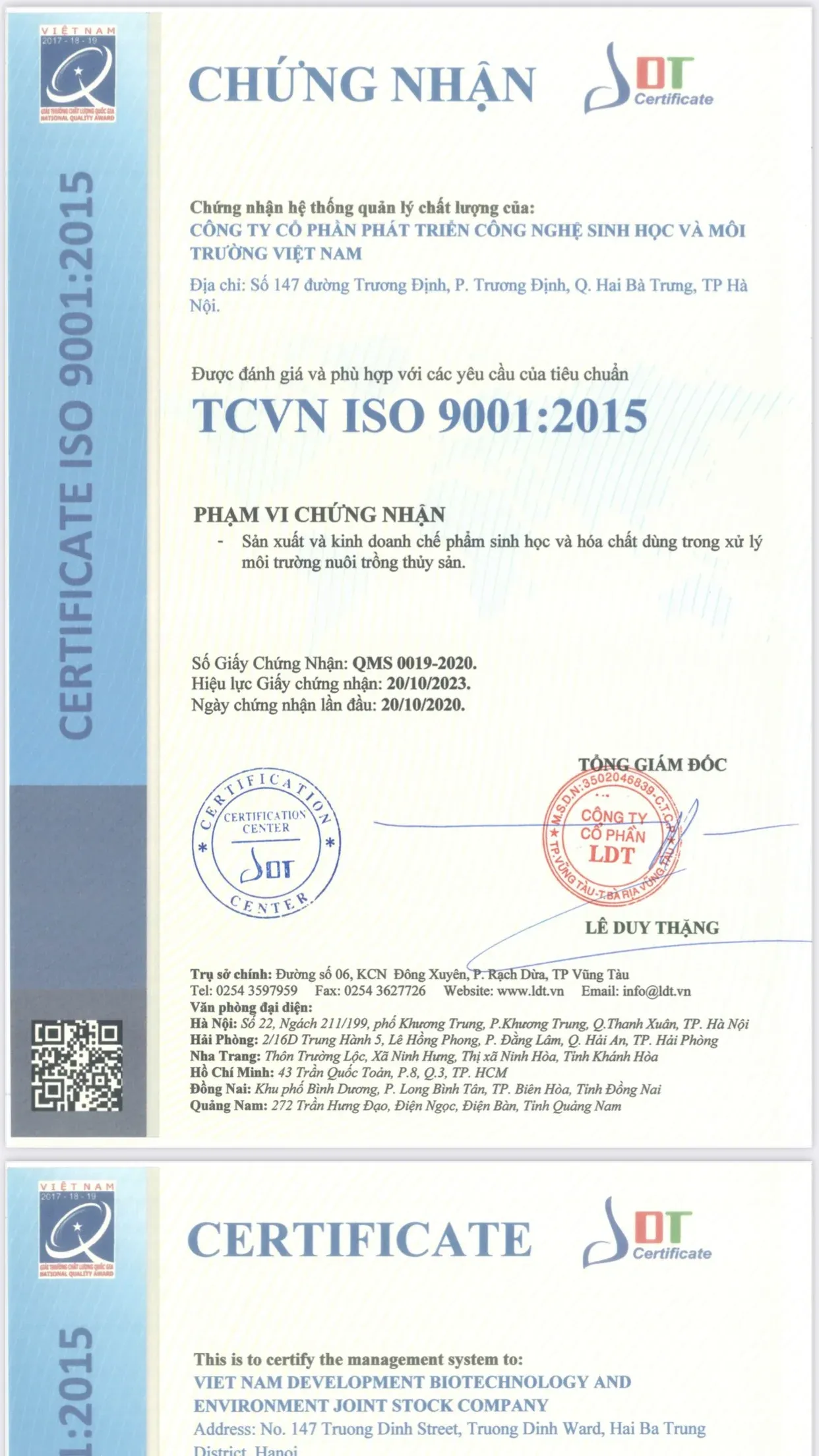 Giấy chứng nhận sản phẩm vi sinh đạt tiêu chuẩn