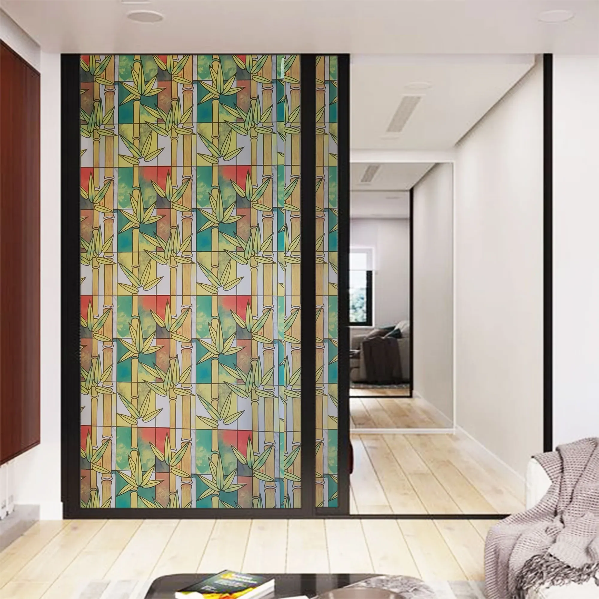 Decal A01 với họa tiết cây trúc xanh dán trên vách ngăn kính