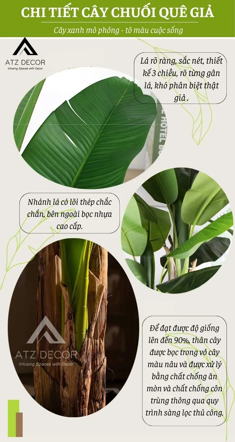 Chi tiết thân và lá của cây chuối quê giả, thể hiện sự tinh tế trong chế tác