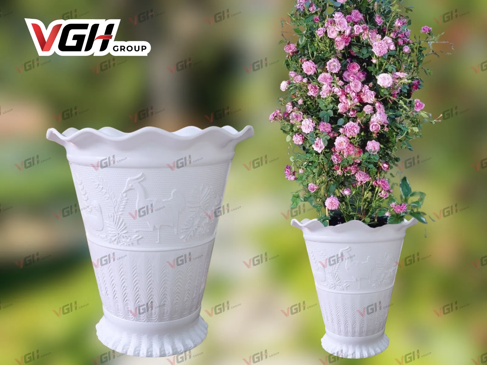 Chậu nhựa trắng cao bạch hạc với thiết kế kiểu dáng và họa tiết tỉ mỉ