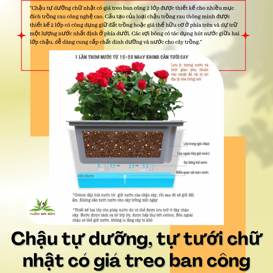 Chậu tự dưỡng chữ nhật 2 lớp màu trắng kèm giá treo ban công