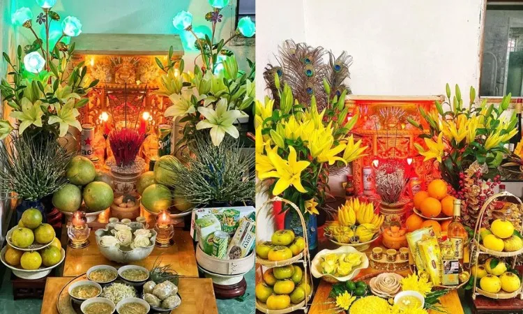 chậu hoa trên bàn thờ