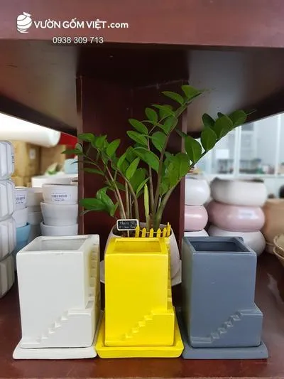 Chậu cây cảnh mini gốm sứ hình vuông có lỗ thoát nước