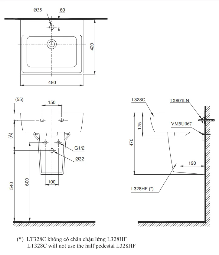 Bản vẽ kỹ thuật chi tiết của chậu treo tường chân lửng TOTO LHT328CHR