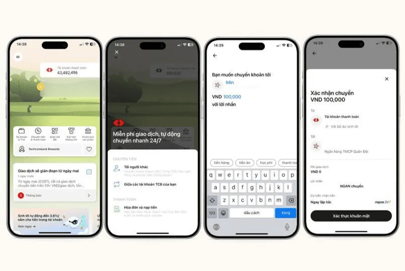 Các bước chuyển tiền vào tài khoản ngân hàng được thực hiện nhanh gọn trên Techcombank Mobile